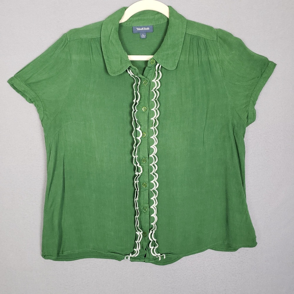 ModCloth All About Scallops Collared Button Down Kelly Green Ric Rac Trim Funky